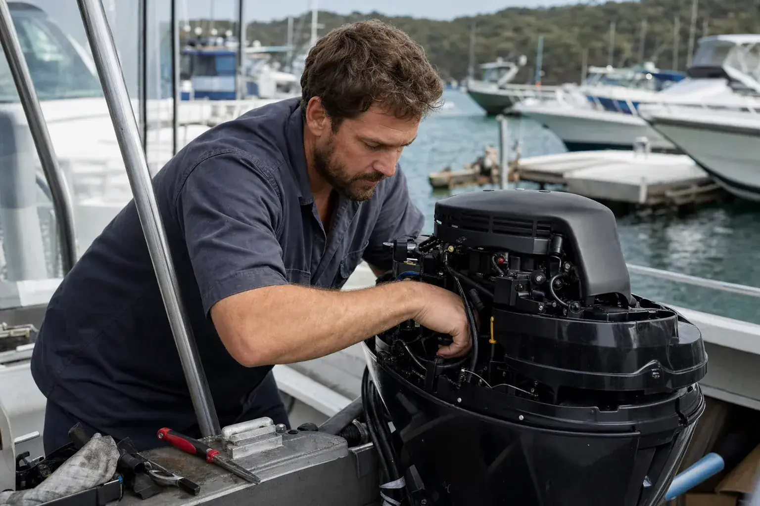 Marine mechanic servicing a boat outboard engine at a marina workshop
