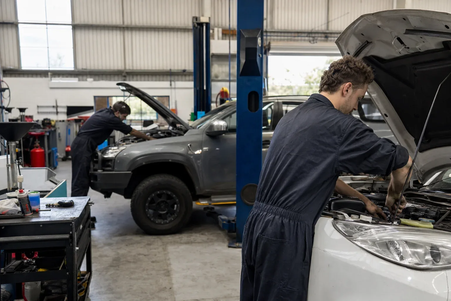 Two mechanics working under the bonnets of customer cars in an Australian motor trade workshop
