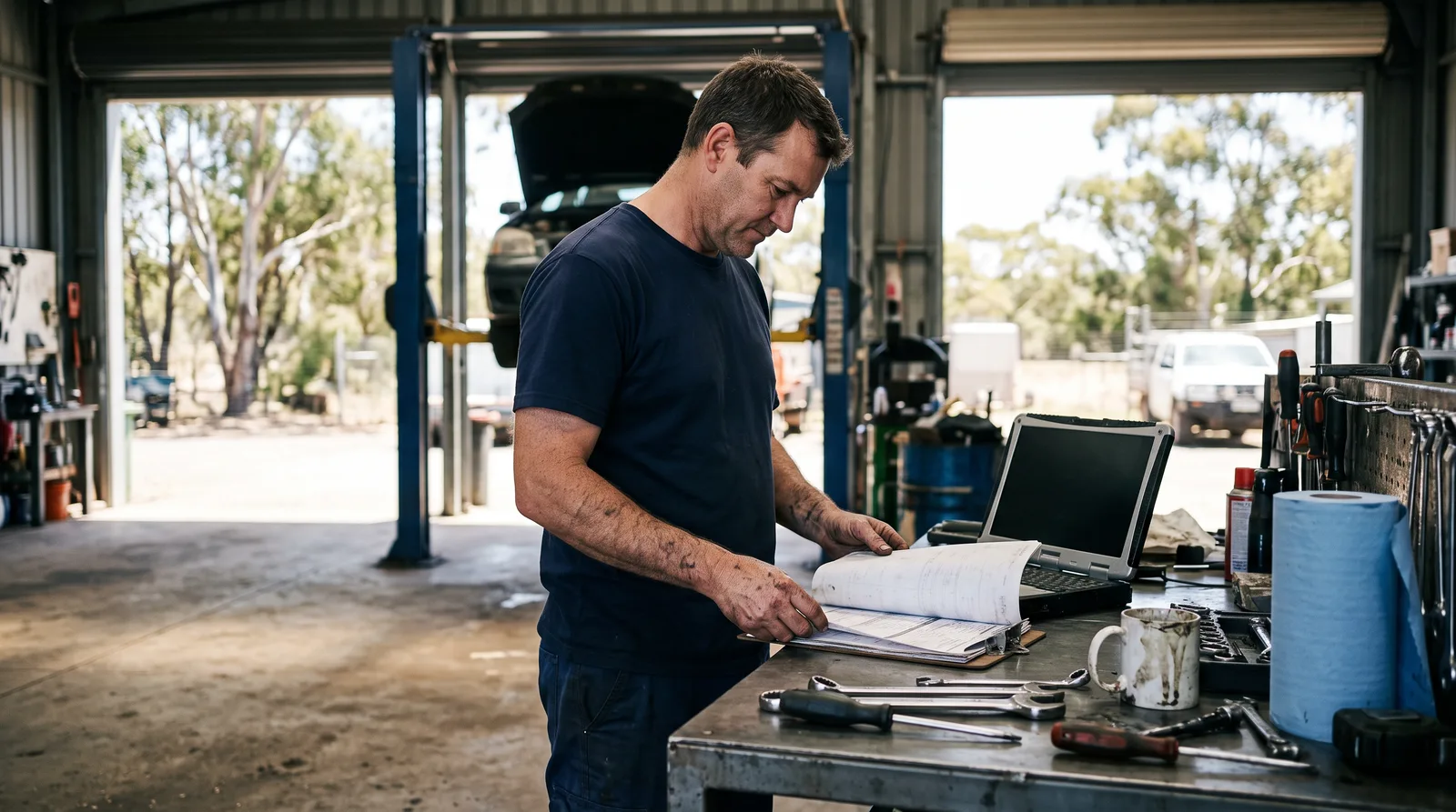 Workshop owner reviewing an insurance certificate of currency at a desk in a mechanical workshop
