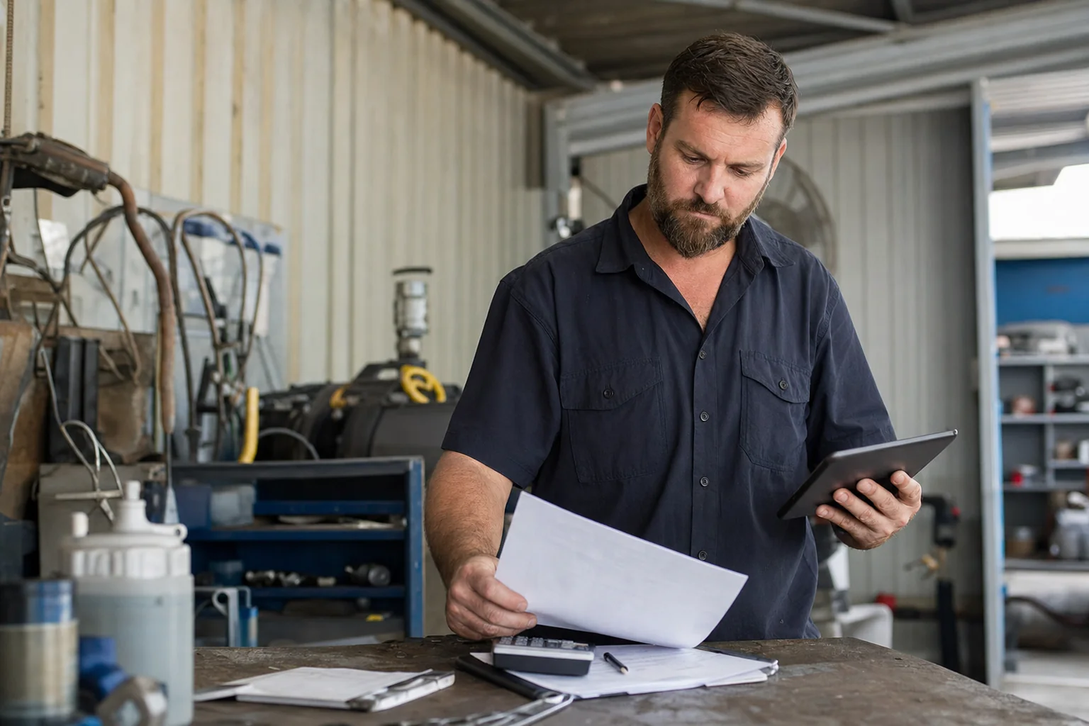 Mechanic reviewing paperwork on a tablet at a workshop bench