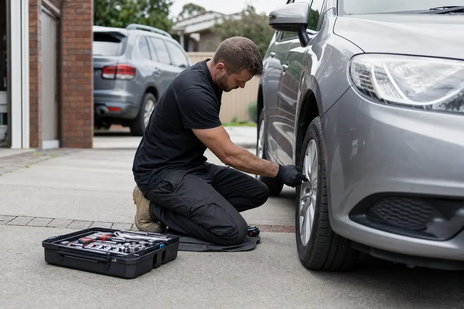 Mobile mechanic working on a car wheel in a suburban driveway