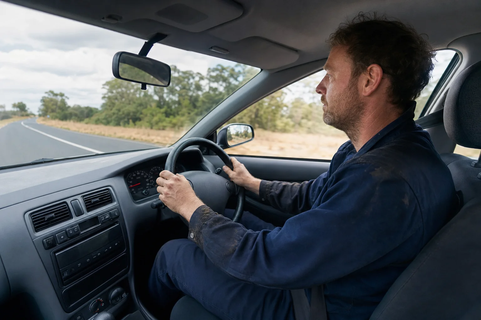 Mechanic driving a customer vehicle on an Australian road keeping left