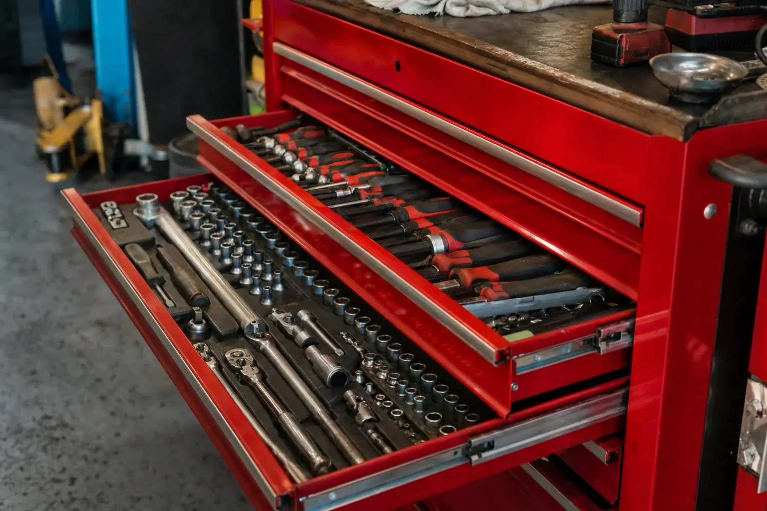 Open red roller tool cabinet showing organised mechanic hand tools