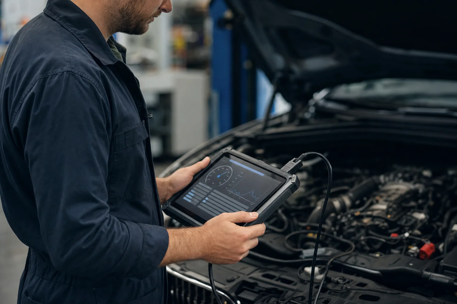 A mechanic using a professional diagnostic scan tool on a car in a workshop